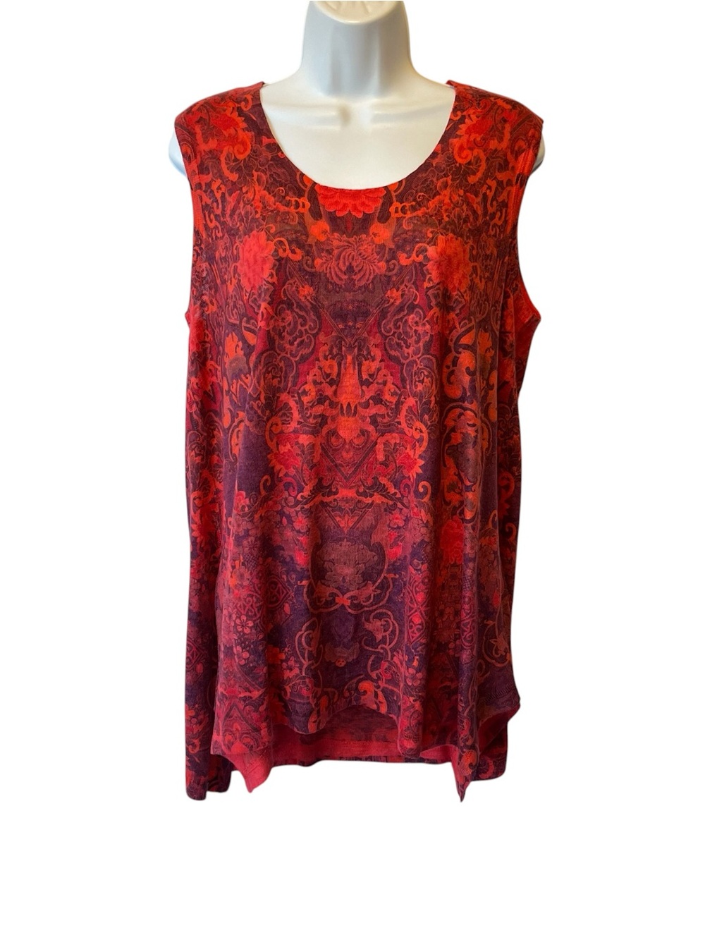 Soft Surroundings tank top L Red floral Knit Round neck Sleeveless blouse Womens